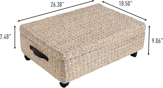 happimess BSK1006D Chett 26.38" Minimalist Hand-Woven Hyacinth/Wood Underbed Storage Bin with Wheels and Handles, White Wash/