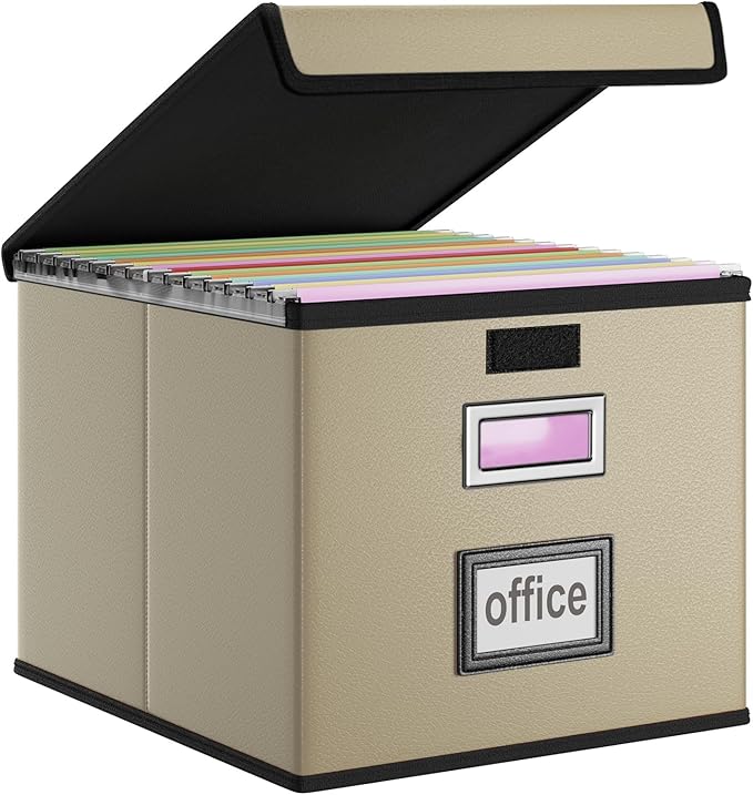Huolewa Faux Leather File Organizer Box with Lid, Collapsible Hanging File Folder Box Organizer with Plastic Slides, Decorati