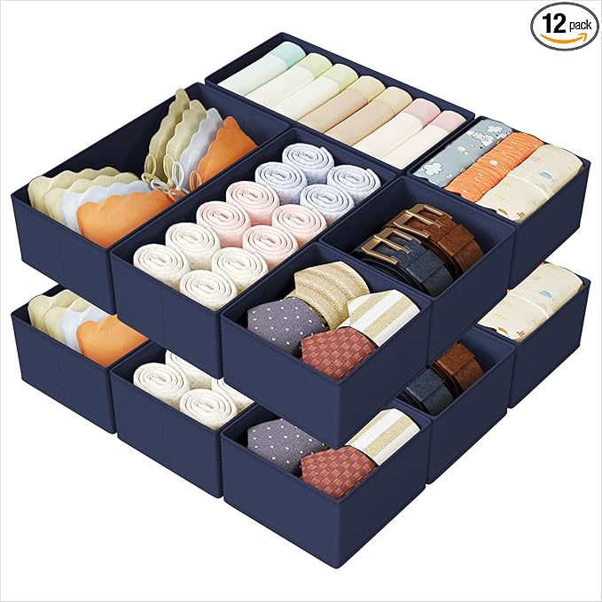 DIMJ Drawer Organizers Clothes, Set of 12 Dresser Organizer Bins, Fabric Closet Organizers and Storage, Shallow Drawer Divide