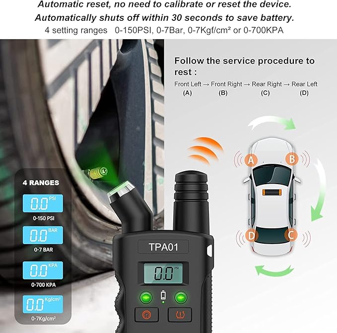 2 in Digital Tyre Pressure Gauge TPMS Relearn Tool with 4 Setting Ranges Auto Off Feature Ideal Replacement for Suitable for Cars Motorcycles Tire Pressure Sensor Activation Tool