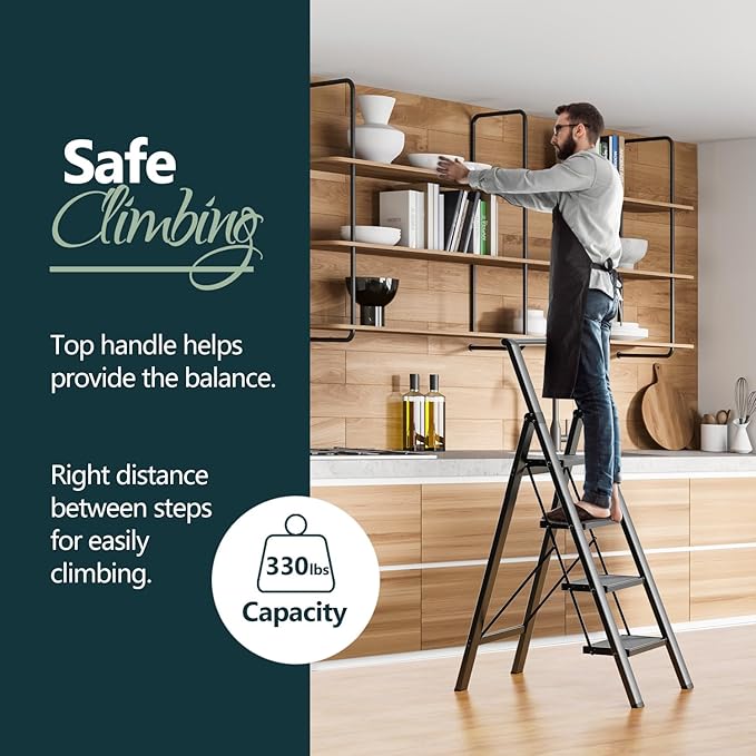 WOA WOA 4 Step Ladder for 10 Feet High Ceiling, Lightweight Foldable Ladder with Non-Slip Wide Pedals, Step Stool with Safe H