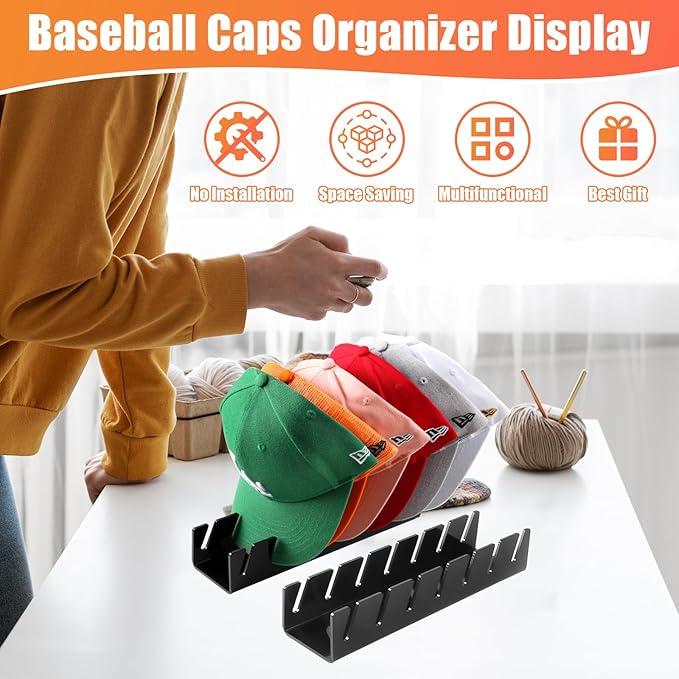 Hat Stand for Baseball Caps, 2 Pack No Install Acrylic Hat Organizer for 14 Baseball Caps Storage Organizer, Hat Racks Hat Ho