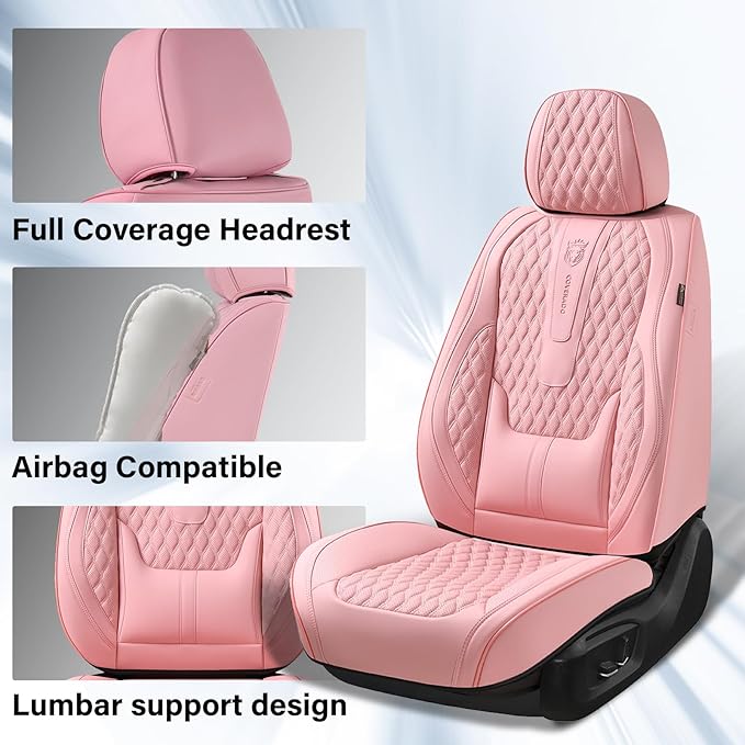 Coverado Seat Covers Front Seats, Pink Car Seat Cover with Lumbar Support, Waterproof Car Seat Cushion, Front Car Seat Covers