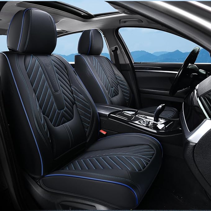 Coverado Front Seat Covers, Waterproof Leather Car Seat Protector, Universal Fit for Most Cars (Black&Blue)