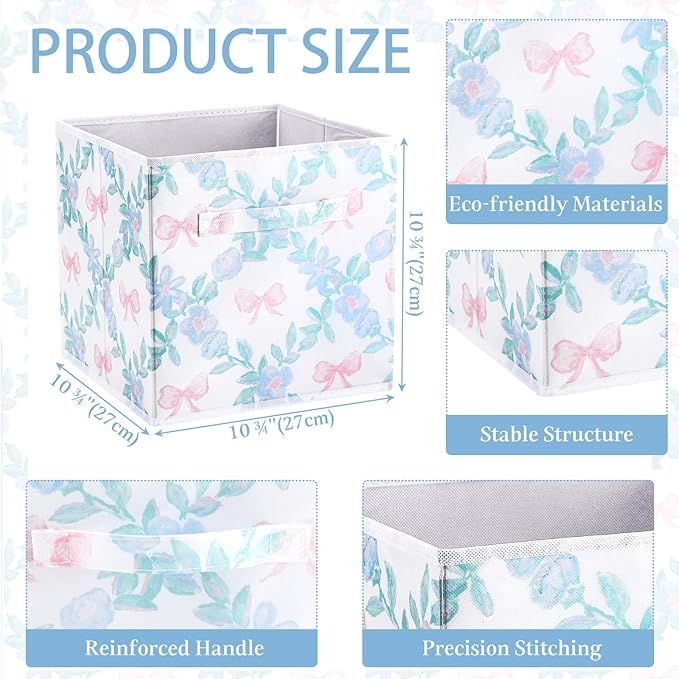 Geelin 6 Pcs Blue Floral Bow Cube Storage Bins 11 Inch Blue Flower Storage Basket with Handle, Preppy Girls Organizer Basket,