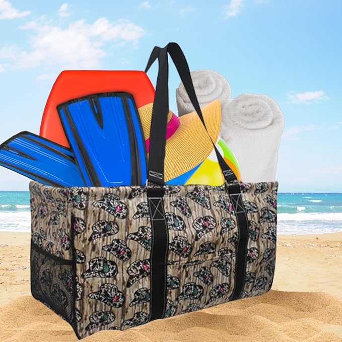 NGIL Extra Large Utility Tote Reusable Grocery Bag Oversized Collapsible for Groceries, Storage, Picnic, Beach (Aztec Cow-Black)