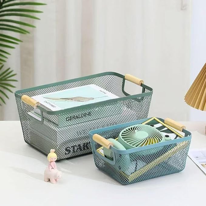 AJIODA Metal Mesh Steel Basket, Large Wire Storage Organizer Basket Multi-function Hanging Kitchen Baskets with Wood Handle f