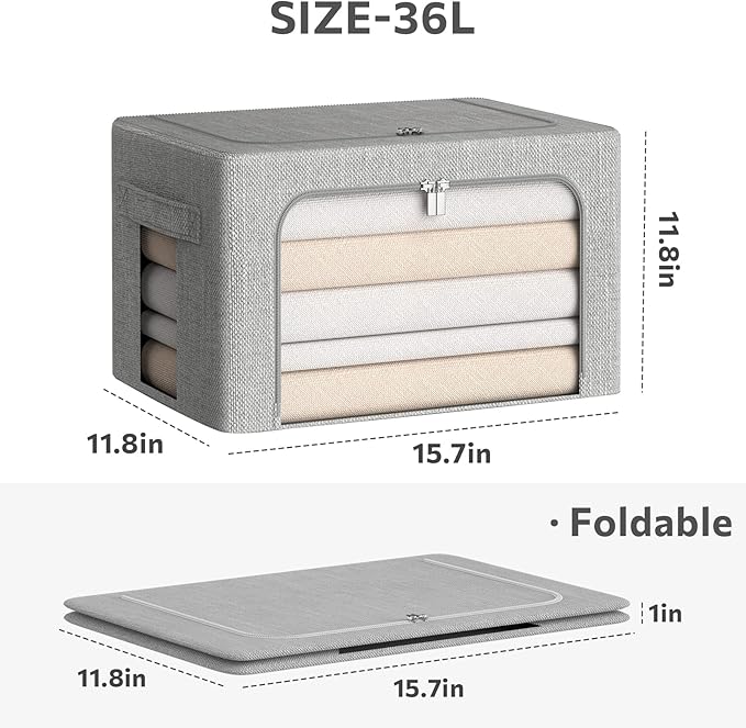 CYhom Clothes Storage Bins Box - Linen Fabric Foldable Stackable Container Organizer Set with Clear Window & Carry Handles & 
