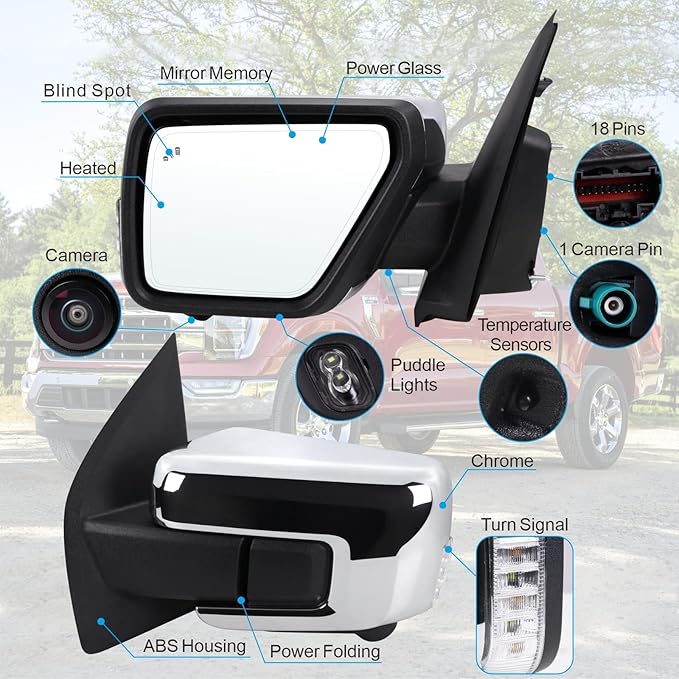 Left Driver Side Mirror Fits 2021-2026 Ford F150 With Power Folding Heated Blind Spot Turn Signal Puddle Light Temperature Sensors Mirror Memory Camera Chrome Replace#ML3Z17683FF5YGY(18+1Pins)