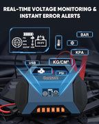 2500A Car Jump Starter with Air Compressor - 120PSI Tire Inflator, 40W Fast Charging, 48.84Wh Portable Power Bank, Voltage