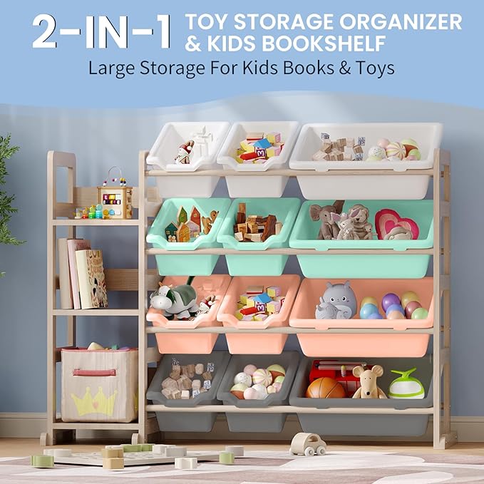 Toy Storage Organizer - Toy Organizers and Storage with Bookshelf, Toy Storage Shelf with 3 Shelves and 12 Storage Bins, Kids