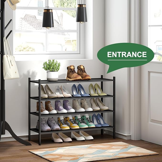 kiplant Black 4-Tier Bamboo Wood Shoe Rack, Stackable for Closet, Entryway & Hallway