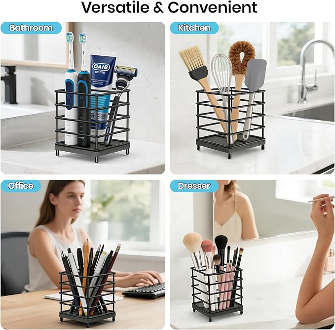 BOTEMY Toothbrush Holders with Quick Drying Mat—Black Toothbrush and Toothpaste Holder for Bathroom—Upgrade 3 Slots Openwork 
