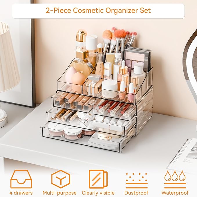 Yieach Acrylic Make up Organizers for Counter,Desk and Vanity,2 Pack Stackable Bathroom Counter Organizer with Drawers,Large 