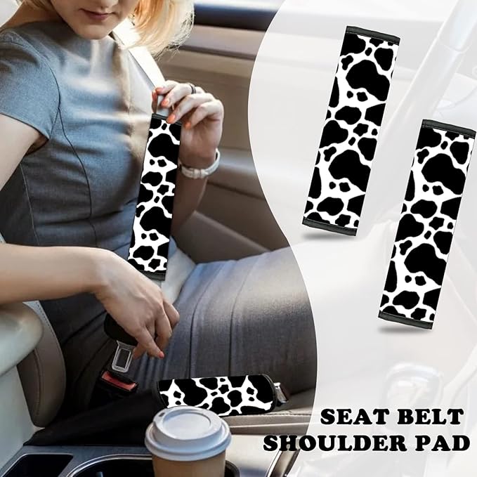 10 Pieces Cow Car Steering Wheel Cover Center Console Armrest Pad Headrest Seat Belt Cover Handbrake Cover Keychain Coaster Full Set Car SUV(Cow)