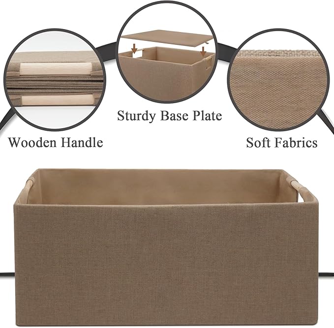 Foldable Fabric Storage Cubes, 2 Packs Cloth Storage Baskets with Wooden Handles, Collapsible Shelf Closet Organizer Bins, Re