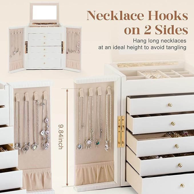Dajasan Large Jewelry Organizer Box, Jewelry Boxes for Women Girls, 6-Tier Jewelry Storage Organizer with Mirror for Necklace