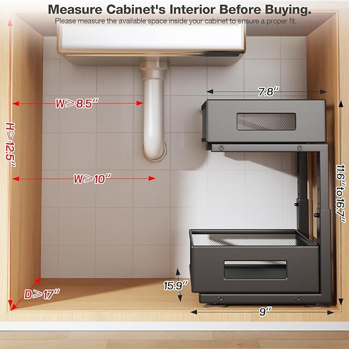 Under Sink Organizer, 2-Tier Dual Pull Out Cabinet Organizer Drawers With Smooth Circular Rail, Large Capacity Metal Mesh Sli