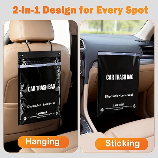 COZILO 50 Count Disposable Car Trash Can Bags, 2 Gallon Heavy Duty Alternative to Bulky Car Trash Can & Garbage Can, Leakproof Smellproof Hanging & Stick-On Garbage Bags for Car SUV Truck