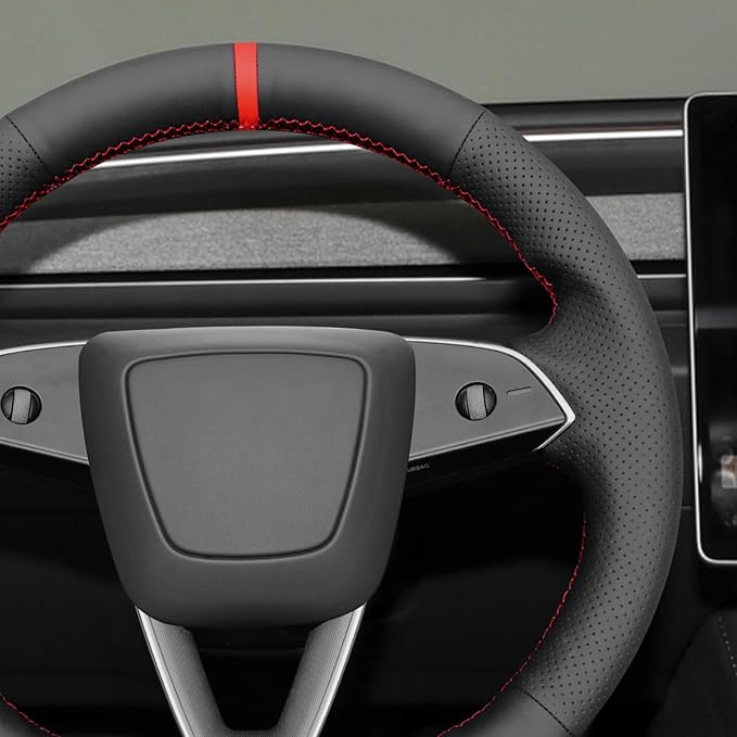 MEWANT Hand Stitched Matte Carbon PU Leather Steering Wheel Cover Wrap for Tesla Model 3 Highland 2023 2024 2025 Steering Wheel Accessories Real Leather
