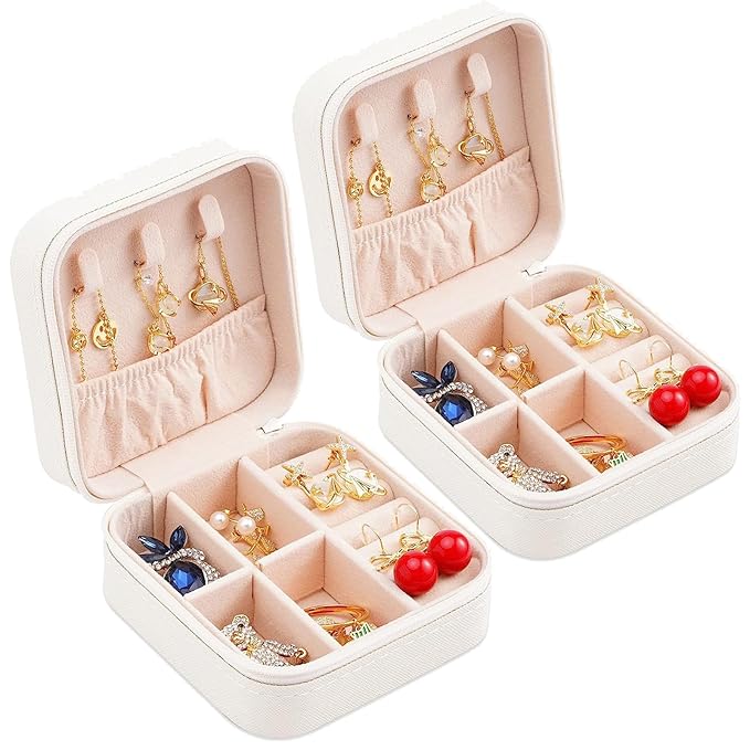 Neveika Portable Travel Mini Jewelry Box Leather Jewellery Ring Organizer Case Storage Gift Box Girls Women (2pcs White).
