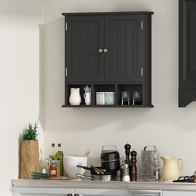 ChooChoo Bathroom Cabinet Wall Mounted 2-Door with 3 Open Shelves， Wooden Medicine Cabinets with Adjustable Shelf，Space Saver