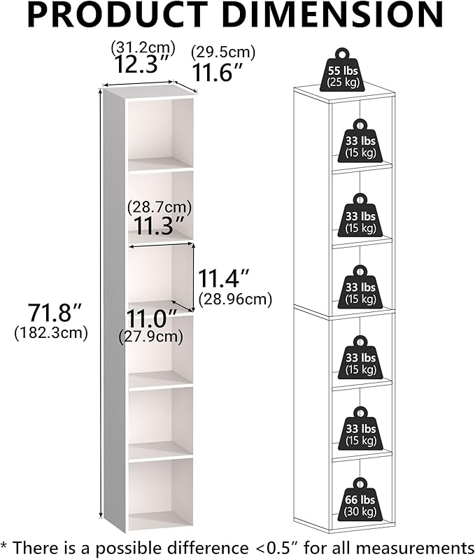 White Cube Shelf, 6 Cube Storage Organizer, 6-Tier Cube Storage Shelf, Freestanding Low Bookcase for Living Room Decor, Bedro