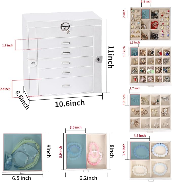 BOOVO Jewelry Box For women, 6 Layer Large Jewelry Organizer With Mirror, Multi-Function Storage Box With Lock, Accessory Hol