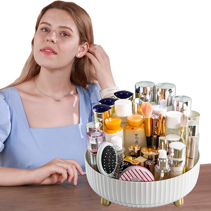 funest Makeup Perfume Organizer, 360 Degree Rotating Lazy Susan Cosmetic Desk Storage Lotions Display Case Round Tray with La
