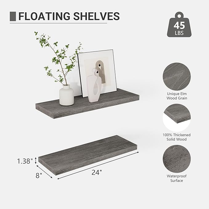 Vivelove Elm Floating Shelves for Wall Solid Wood, 24 Inches Long Rustic Wall Shelf with Invisible Bracket for Living Room Be