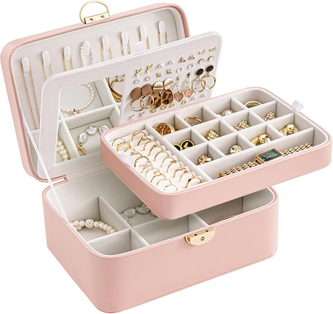 Lolalet 2 Layer Jewelry Box with Lock and Key for Teen Girls & Young Women, Jewelry Organizer Case with Round Clasp and Mirro