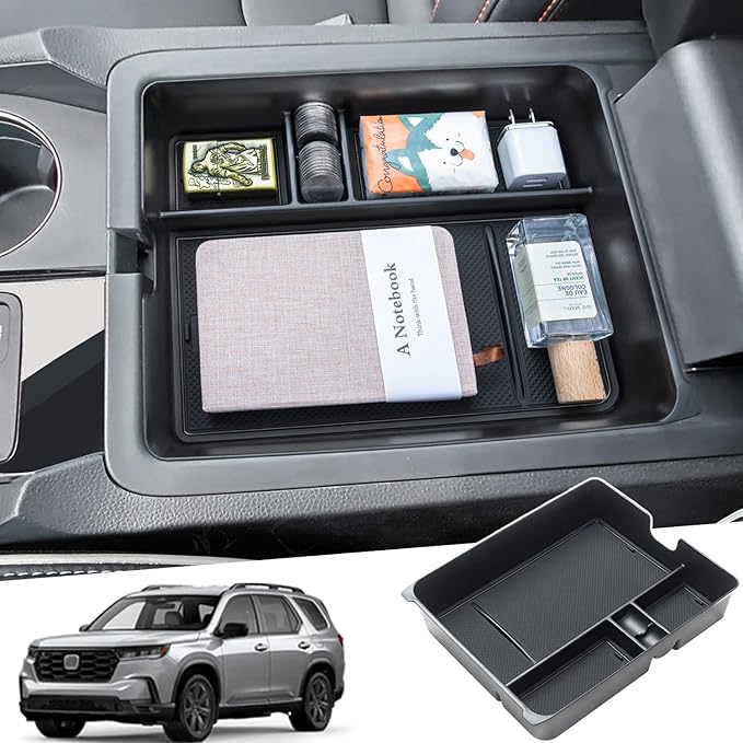 PIMCAR Center Console Organizer for 2023-2025 2026 Honda Pilot, 2024 2025 2026 Honda Passport/Ridgeline Upgrade Design Tray Accessories Interior Armrest Box Divider ABS Plastic Material-Black Trim