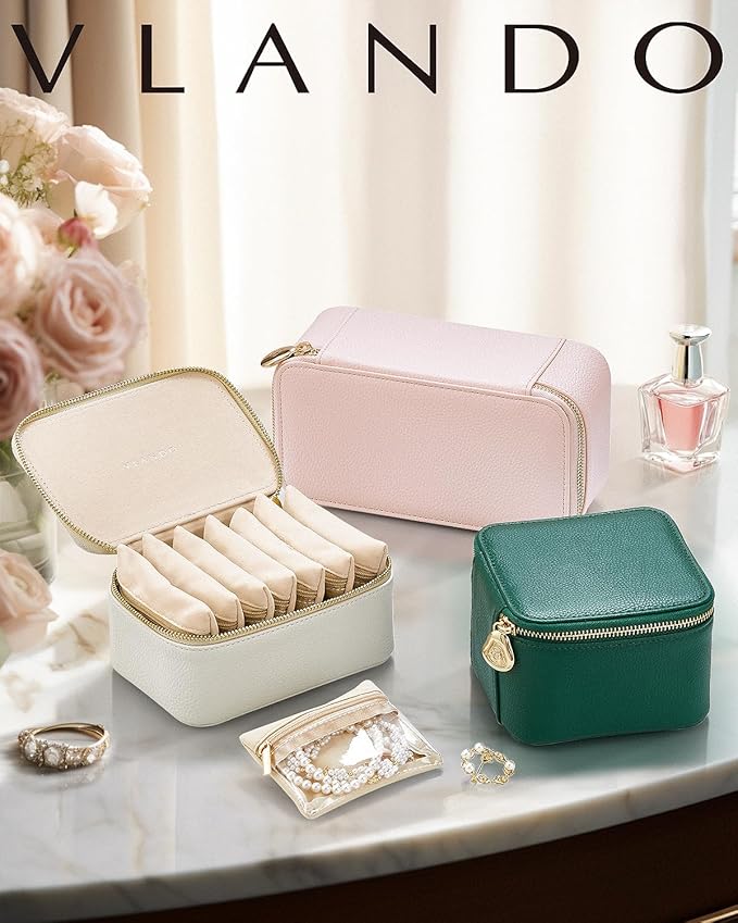 VLANDO Jewelry Travel Case,Travel Jewelry Organizer with Clear Velvet Jewelry Bags 6Pcs Zipper Pouch for Women Girl Christmas