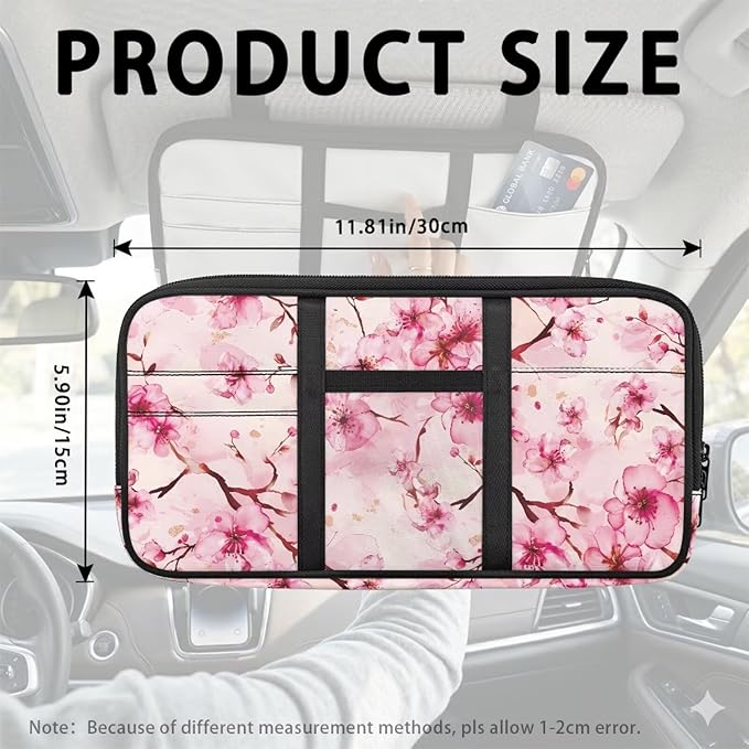 Pink Flower Car Sun Visor Organizer, Multi-Pocket Auto Visor Organizers Card Holder Car Storage Bag with Zipper Scratch-Resistant Auto Sunshade Organizer Bag Organizes Essentials