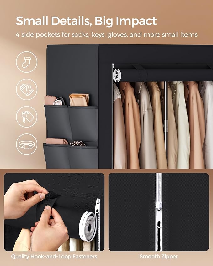 SONGMICS Portable Closet, Wardrobe Closet Organizer with Cover, 4 Hanging Rods and Shelves, 4 Side Pockets, 17.7 x 66.9 x 65.