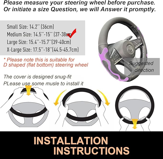 PINCTROT D Shaped Comfy Grip Steering Wheel Cover, Anti-Slip Design, Flat Bottom 14.5-15 Inch(Silicone Purple)