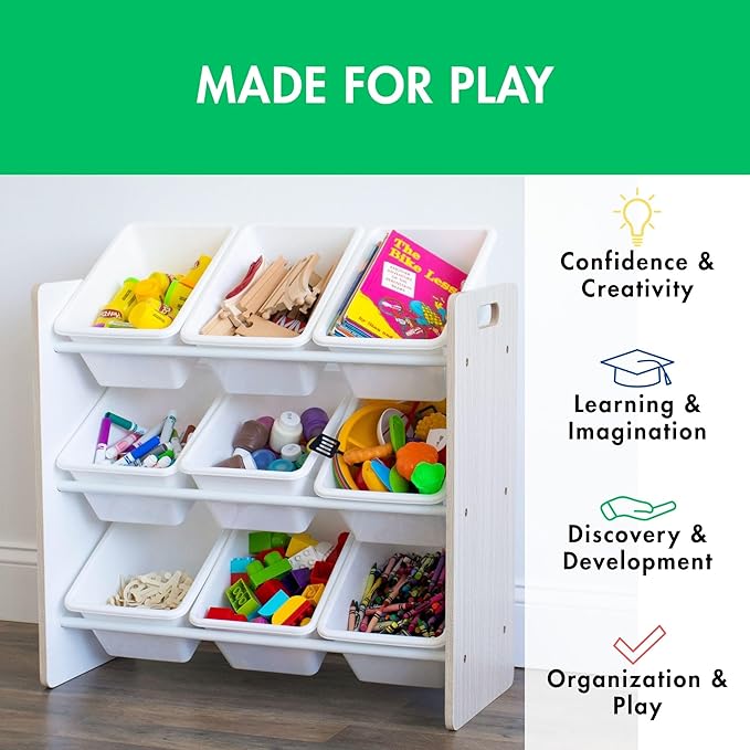 Humble Crew 9-Bin Toy Organizer – Hampton Sandwashed with White Plastic Bins, 3-Tier Storage Solution for Kids' Playrooms and
