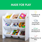 Humble Crew 9-Bin Toy Organizer – Hampton Sandwashed with White Plastic Bins, 3-Tier Storage Solution for Kids' Playrooms and