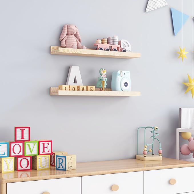 Picture Ledge Shelf for Wall, 24 inch Solid Ash Wood Nursery Book Shelves 2 Packs, Floating Shelves for Kids' Room Bedroom Ba