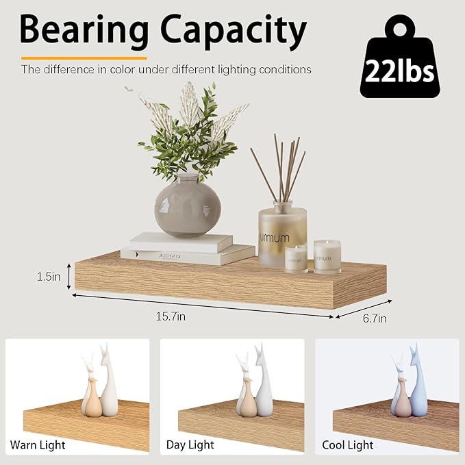 INHABIT UNION Oak Floating Shelves Wood for Wall 15.7in Wall Mounted Display Ledge Shelves Perfect for Bedroom, Bathroom, Liv