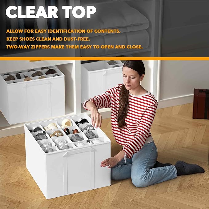 SpaceAid Shoe Organizer for Closet, 2 Pack Foldable Shoe Storage Containers Baskets Boxes Bins w/Adjustable Dividers, Fits 16