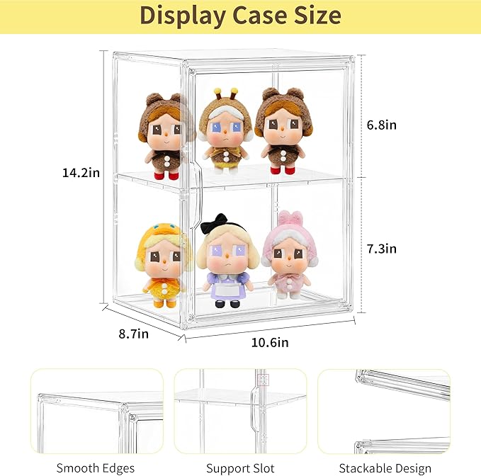 Acrylic Display Case with Removable Shelf, 2 Tier Clear Plastic Stackable Storage Bins with Magnetic Lids, Figure Display Cas
