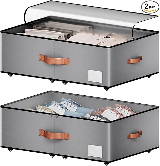 Under bed Storage With Wheels,Large Capacity 10 inches Height Storage Bins,Rolling Under bed Shoe Storage Containers,Under be