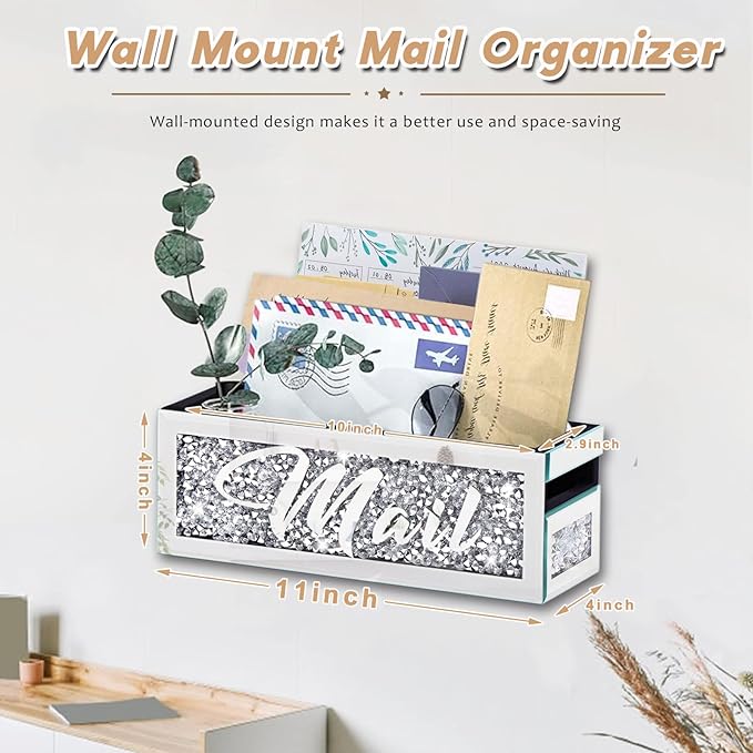 Crushed Diamond Mail Organizer, Crystal Mail Organizer Countertop, Mirror Letter Holder, Mail Tray, Mail Holder Box for Desk,