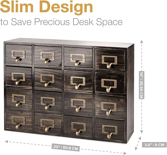 Dark Ash 16-Drawer Card Catalog Artisan Drawer Chest - 20"x3.6"x14" - Desktop Apothecary Crafted in Solid Wood, Curating Time