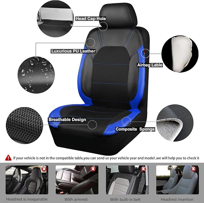 CAR PASS Air Mesh Leather Car Seat Covers Full Set, Waterproof Car Floor Mats, Sporty Steering Wheel Cover 14.5-15in, Univers