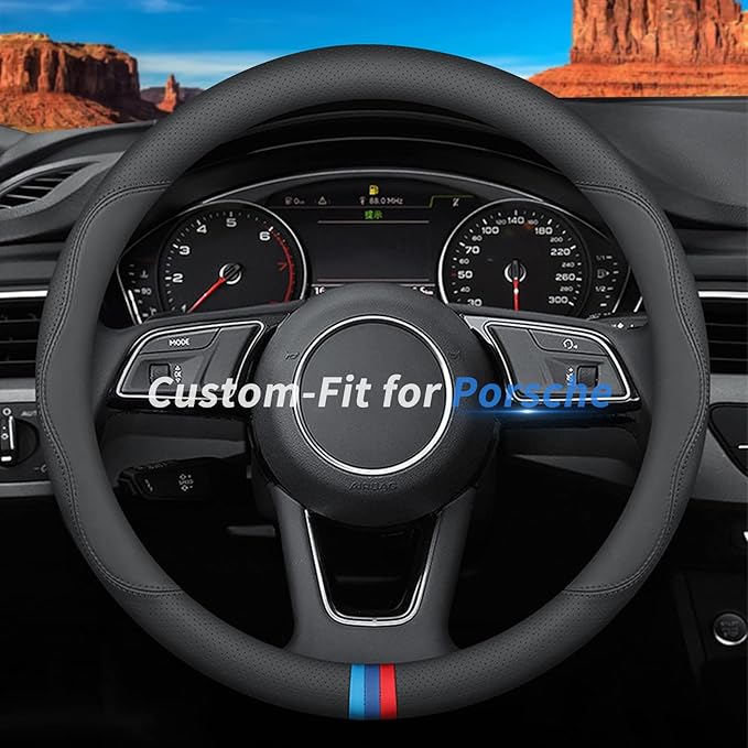 Custom-Fit for Porsche Steering Wheel Cover, Premium Leather Car Steering Wheel Cover with Logo, Non-Slip, Breathable, for Porsche Accessories (D-Style,for Porsche)