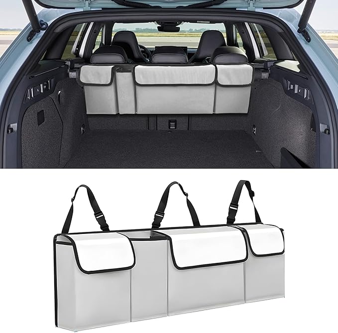 Car Trunk Organizer, Waterproof Collapsible Cargo Bag with 4 Pockets,Backseat Hanging Large Storage with Adjustable Straps, St