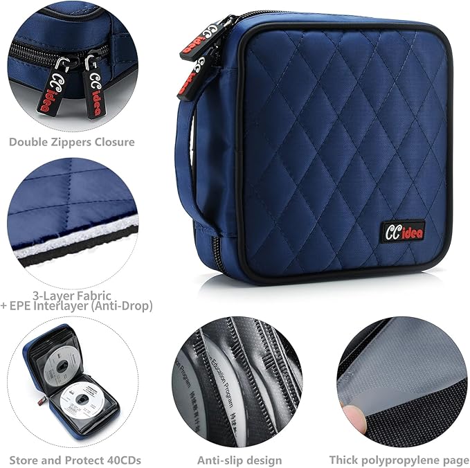 CCidea 40 Capacity CD/DVD Case Holder Portable Disc Wallet Storage Binder Nylon Cd Bag (Blue)