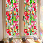 JOONOR Retro Tulip Flowers Window Privacy Film,Stained Glass Decals Colorful Floral Privacy Rainbow Decals Living Room Sun Blocking Decor Removable Static Cling Stickers,16.93 x 39.37 Inch